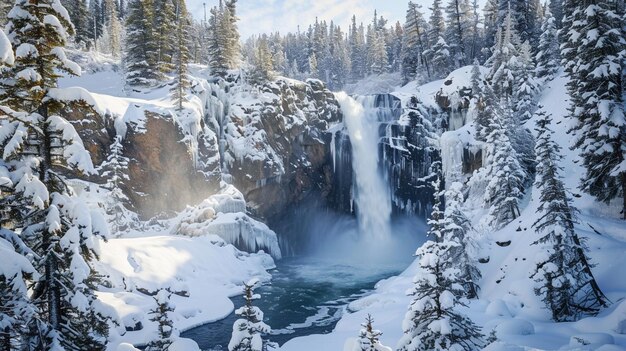 Una cascada en la nieve rodeada de árboles