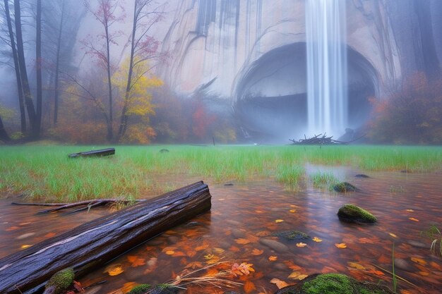 Una cascada en otoño con un árbol caído en primer plano.