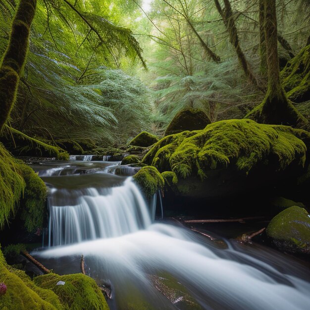 Cascada panorámica en un bosque de musgo