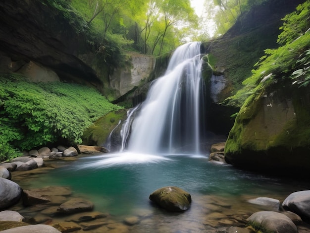 Una cascada de pétalos verdes que cae en cascada por las rocas