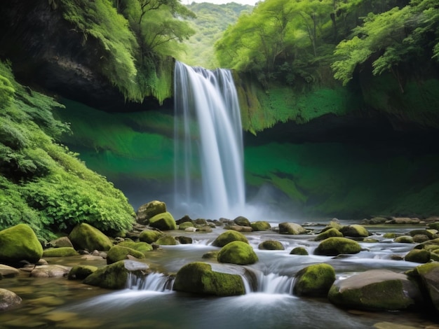 Una cascada de pétalos verdes que cae en cascada por las rocas