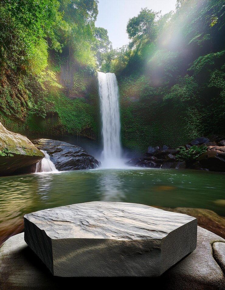 una cascada con una piedra en el medio