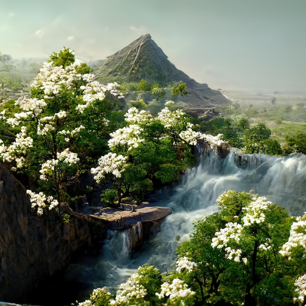 cascada de la pirámide, paisaje de flores, vegetación, foto realista