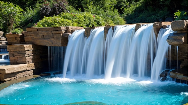 Una cascada en una piscina con una fuente de agua azul.