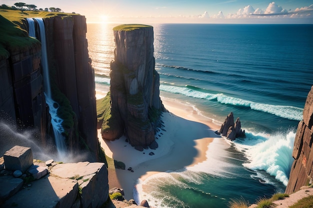 Una cascada en la playa al atardecer