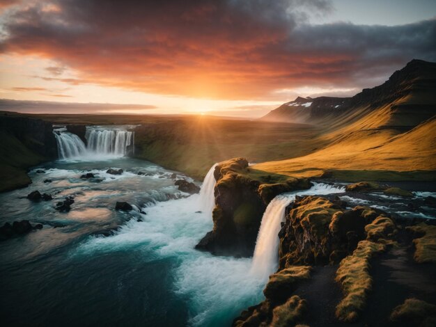 cascada durante la puesta de sol hermosa cascada en islandia