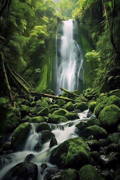 cascada que cae por un acantilado rocoso rodeado de exuberante vegetación