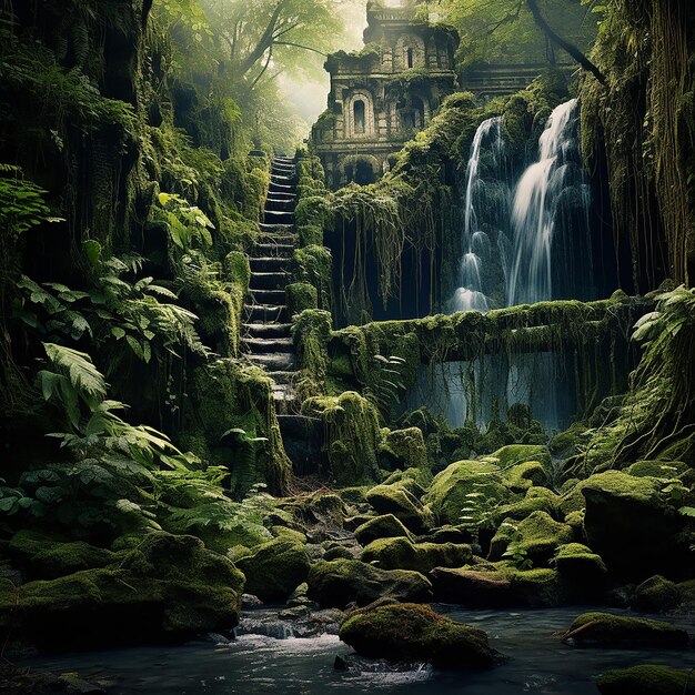 Foto una cascada que cae en cascada por las rocas cubiertas de musgo