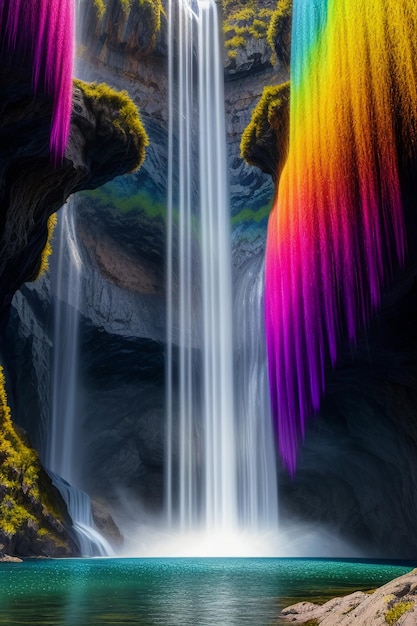 Foto la cascada que desciende de la montaña forma un hermoso arco iris