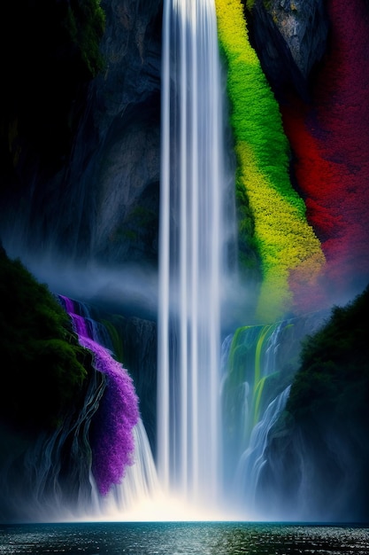 Foto la cascada que desciende de la montaña forma un hermoso arco iris