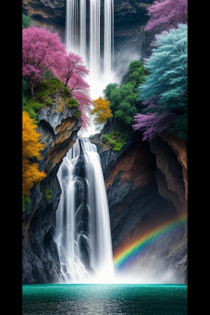 Foto la cascada que desciende de la montaña forma un hermoso arco iris