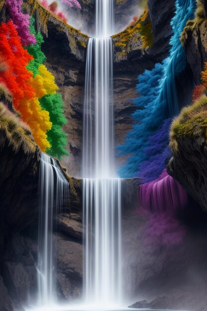 Foto la cascada que desciende de la montaña forma un hermoso arco iris