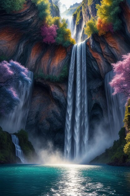 Foto la cascada que desciende de la montaña forma un hermoso arco iris