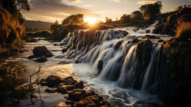 Foto cascada que fluye con gotas salpicadas al atardecer