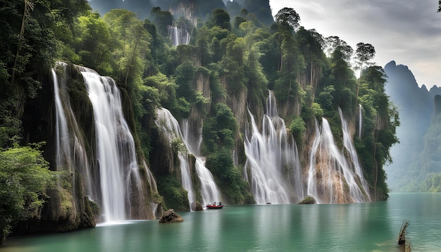 Foto una cascada que está en frente de una montaña