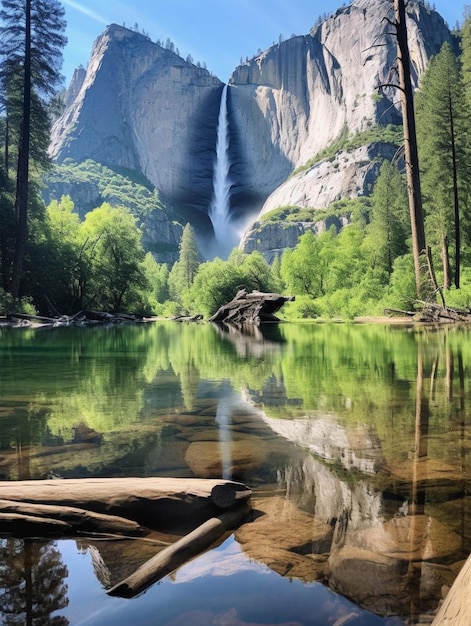 Una cascada se refleja en un lago con una montaña al fondo.