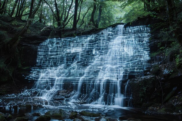 Foto una cascada con un resplandor azul y verde