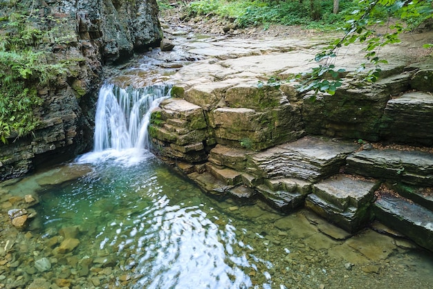 Cascada en el río de la montaña con agua espumosa blanca cayendo de la formación rocosa en el bosque de verano.