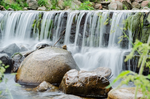 Cascada en un río de montaña en el bosque