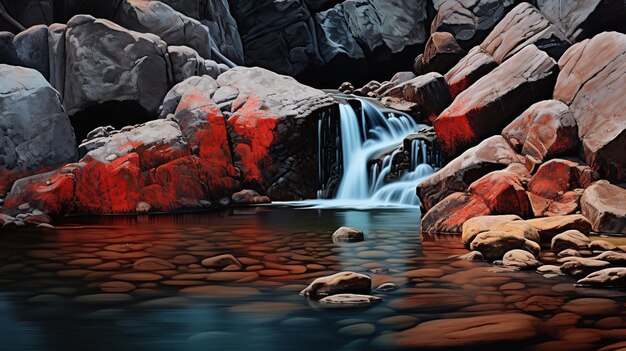 Una cascada y rocas cerca de un rojo