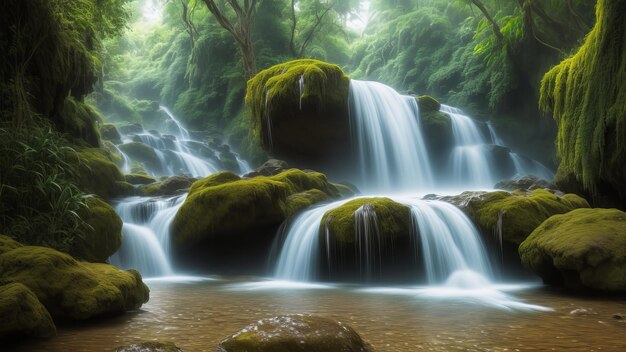 una cascada con rocas de musgo y rocas de mosco en el fondo.