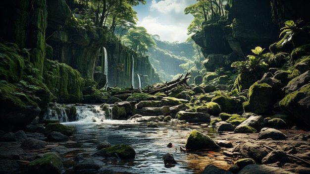 Cascada con rocas y musgo verde en el bosque