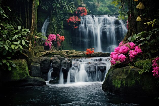 una cascada rodeada de árboles y flores