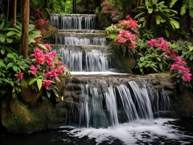 una cascada rodeada de flores