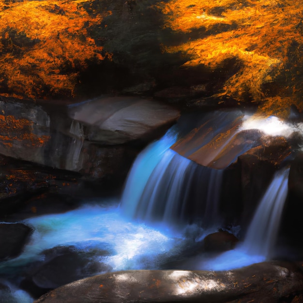 Foto una cascada está rodeada de hojas de naranja y el agua está iluminada por el sol.