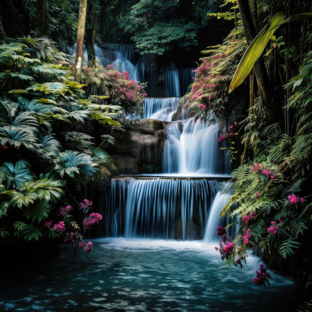 una cascada rodeada de plantas y flores