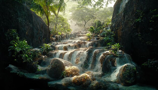 Cascada en la selva con arroyos de verdor de agua blanca y enredaderas