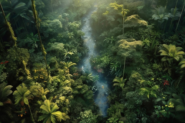 Una cascada en la selva con una cascada al fondo.