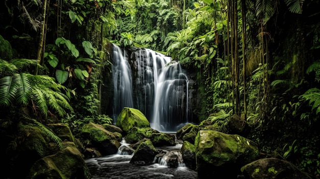 Una cascada en la selva con un fondo verde.