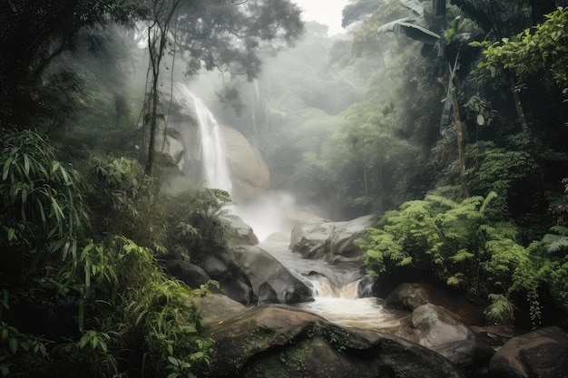 Cascada de la selva humeante con spray brumoso y cascadas rugientes