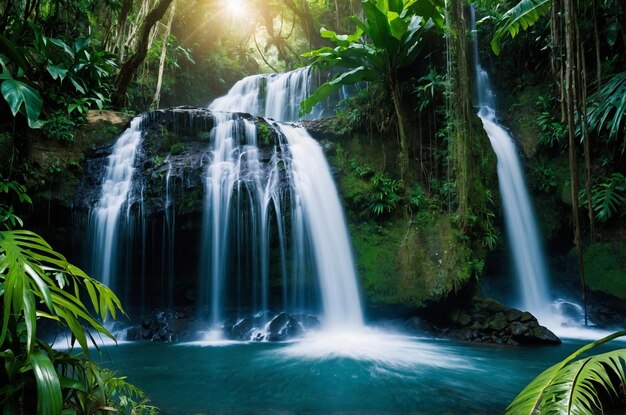 una cascada en la selva con el sol brillando a través de los árboles