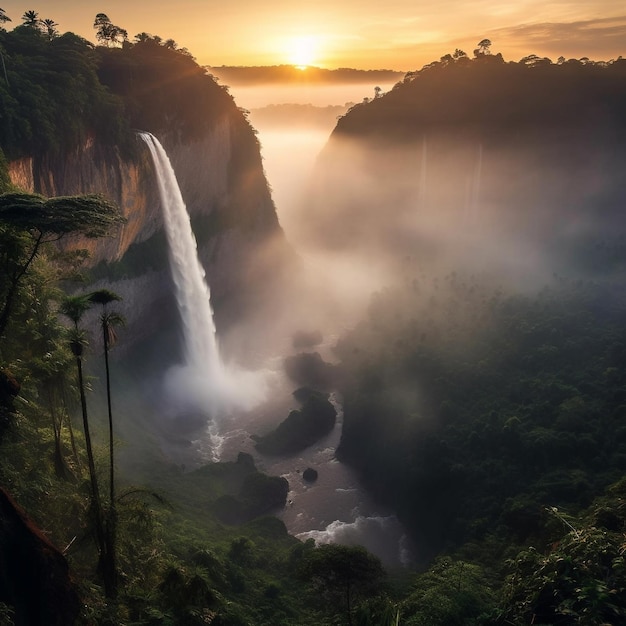 Cascada en la selva tropical con niebla y neblina IA generativa