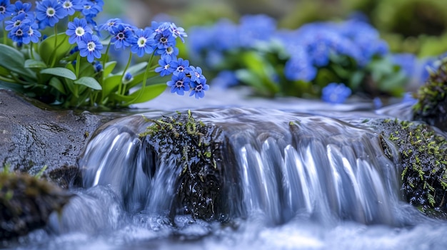 Cascada serena con azul vibrante ForgetMeNots en el entorno tranquilo del bosque Fotografía de la naturaleza