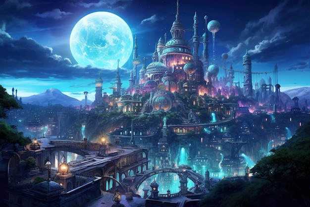 Cascada de símbolos mágicos de neón sobre un paisaje urbano de fantasía panorámica durante el crepúsculo