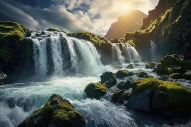 La cascada de Skogafoss en Islandia Europa Estilo artístico foto post procesada Vista perfecta de la famosa y poderosa cascada de Gljufrabui a la luz del sol Escena dramática y hermosa Generada por IA única