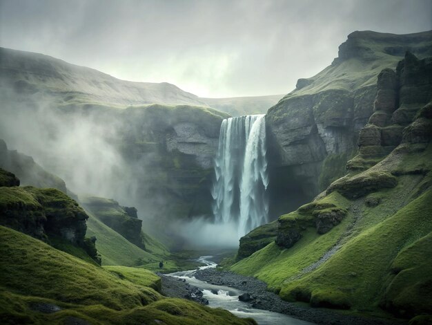 la cascada sobre una región montañosa en Islandia