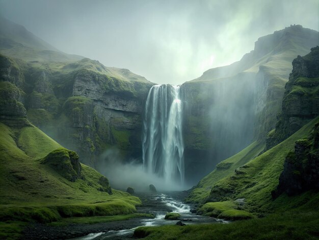 la cascada sobre una región montañosa en Islandia