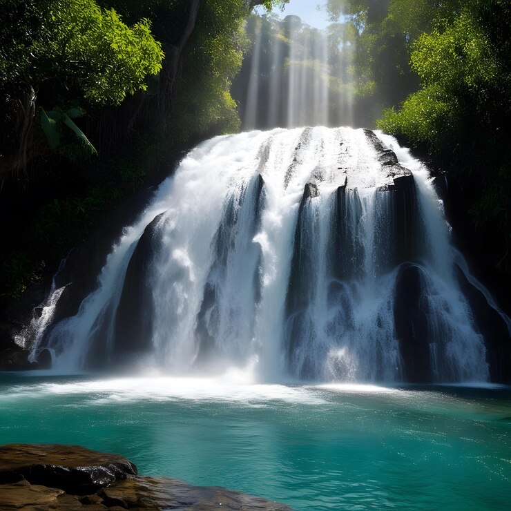 una cascada con el sol brillando sobre ella