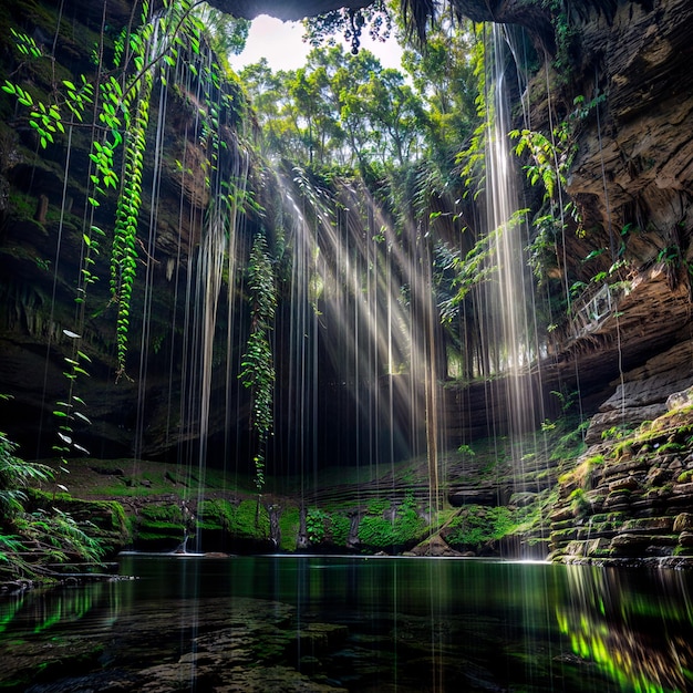 Foto una cascada con el sol brillando a través de las hojas