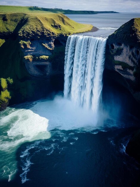 una cascada con una superficie de musgo verde y una roca en el medio