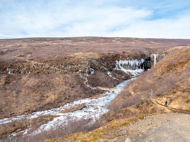 Cascada Svartifoss en Islandia ubicada en el parque nacional Vatnajokull entre larva negra