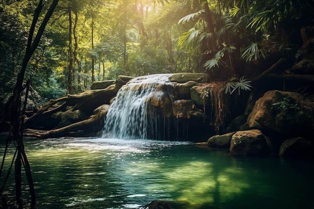 Una cascada tranquila escondida en lo profundo del bosque.