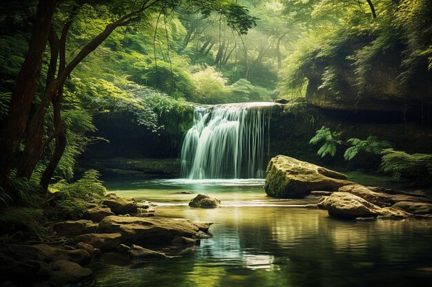 Una cascada tranquila escondida en lo profundo del bosque.