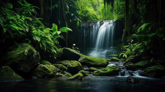 Foto una cascada tranquila en medio de un bosque verde y exuberante con rocas cubiertas de musgo