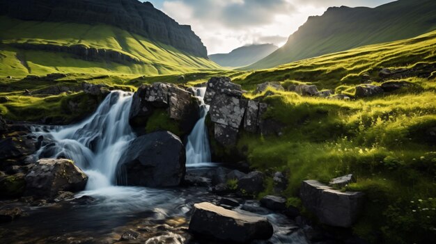 una cascada en un valle con una montaña en el fondo