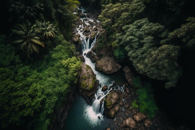 Una cascada vista desde arriba moviéndose por un arroyo entre algunas rocas y vegetación.